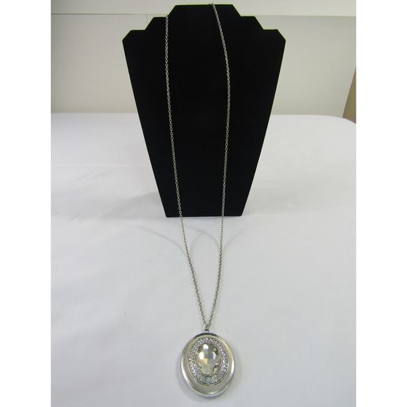 Clear Rhinestone Silver Tone Bead Pendant Necklace 42" Boho Minimalist Neutral - Picture 1 of 4